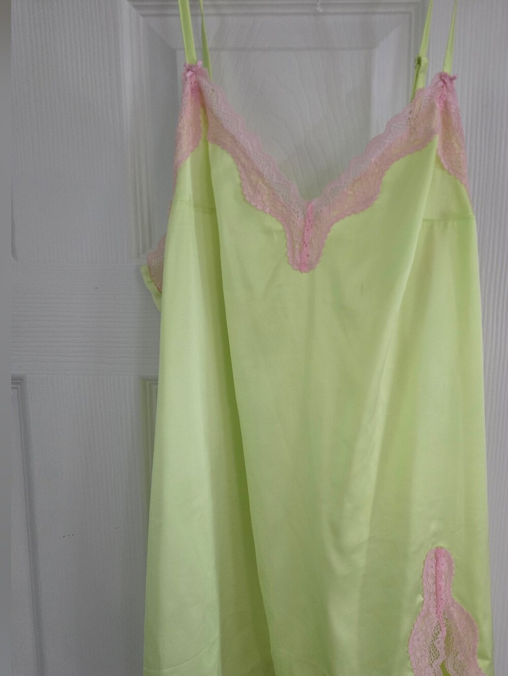 VS Tease Lace-Trim Slip Dress in Light Lime with Pink Accents NWOT